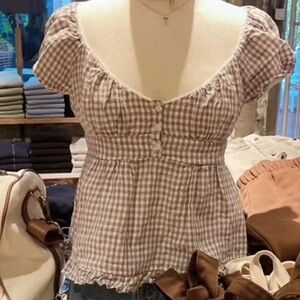 Brandy Melville Blair Brown/White Gingham Babydoll Top